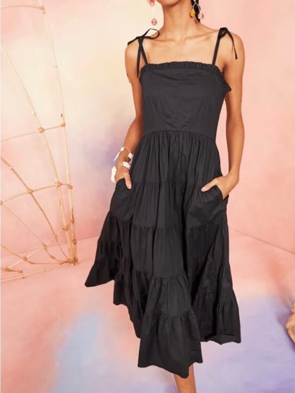 Ulla Johnson Black Ellyn Tiered Cotton Midi Dress - Size 8